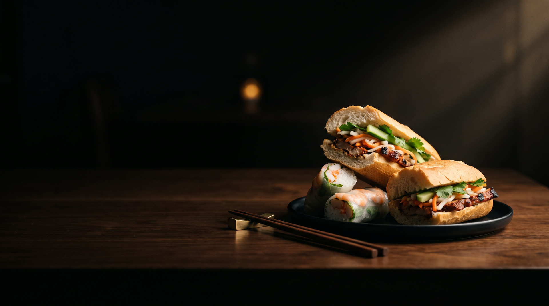 A Vietnamese sub with BBQ pork and pickled vegetables beside fresh shrimp rolls, lit by low warm light on a dark wooden table